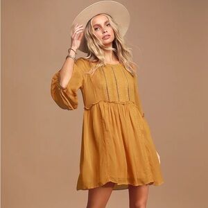 Lulu’s In the Meadows Mustard Yellow Crochet Lace Babydoll Dress Size XXS
